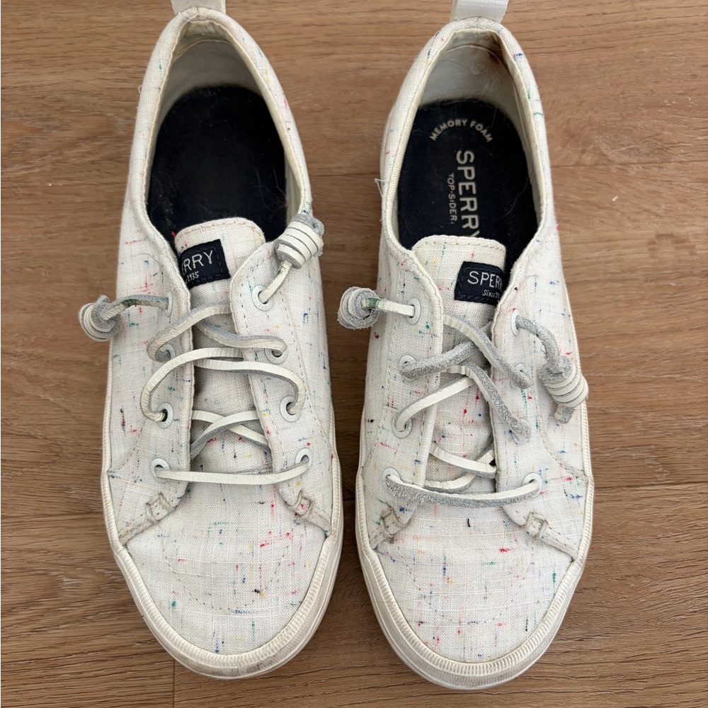 Sperry Cream Canvas Sneakers with Multicolor Speckle